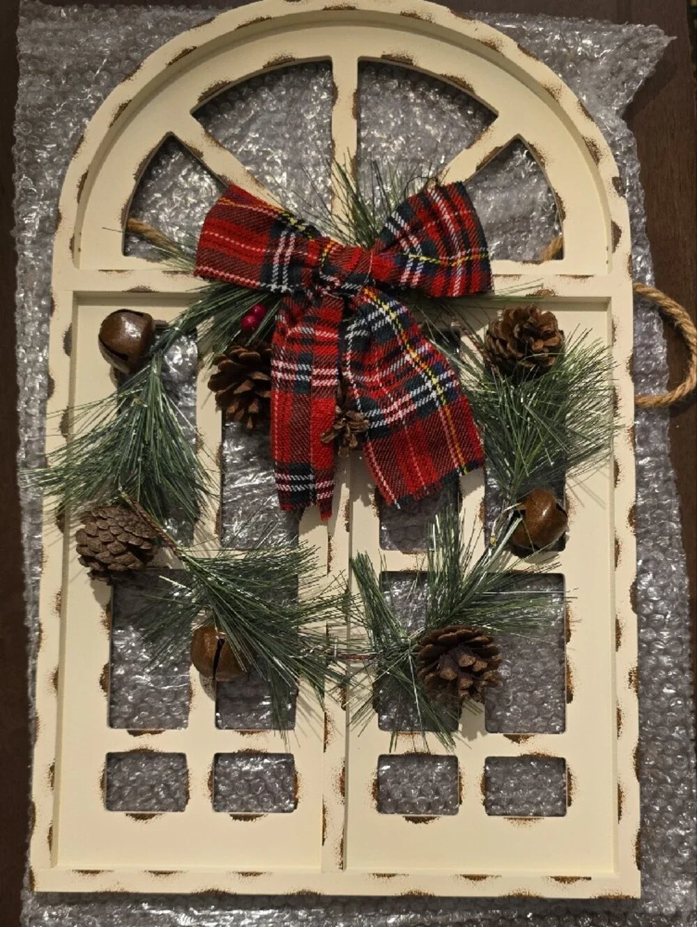 Holiday Window Wreath Wall Decor - White Frame with Red Bow. NWT.